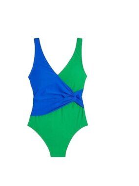 J. Crew One Piece Swimsuit Blue Breen Colorblock V Neck Twist Front Swimwear